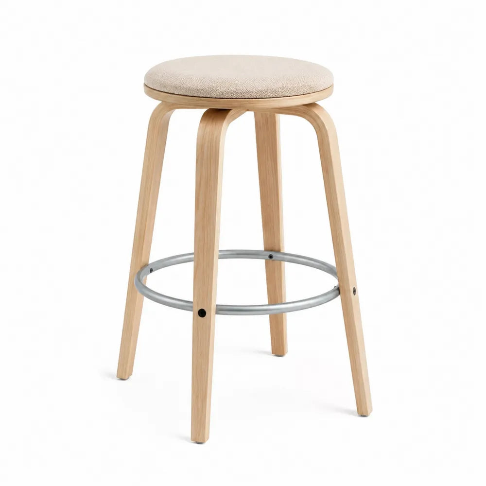 Barhocker mit Eichenholzrahmen und Stahlfußstütze, Beige