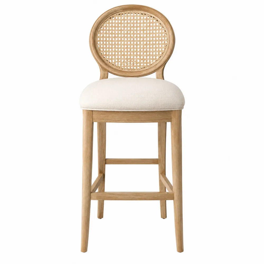 Barhocker aus Eichenholz mit Rattan-Rücken und Polstersitz