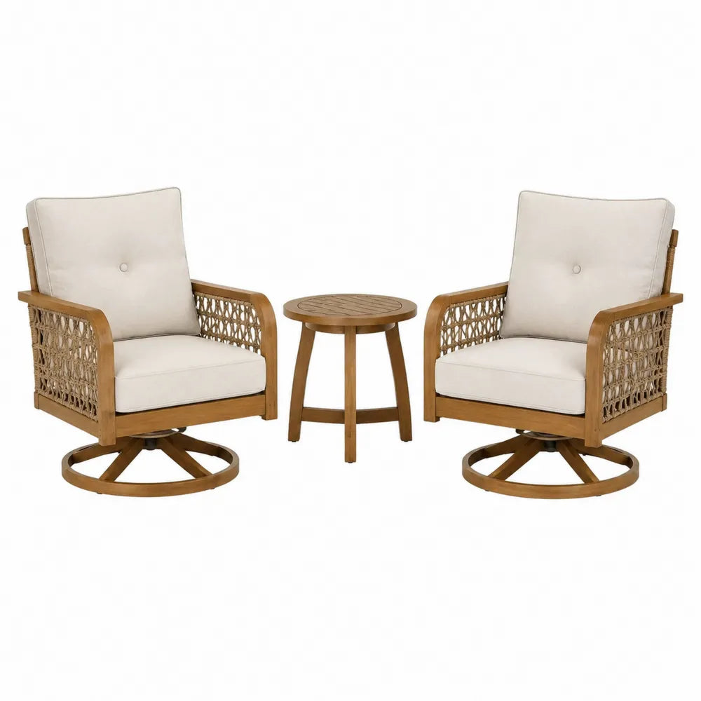Gartenmöbel Set aus Akazienholz mit Polyesterkissen, 2 Drehsessel und 1 Tisch, Beige
