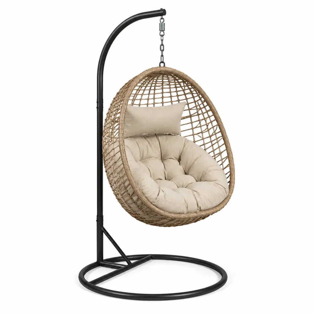 Hängestuhl mit Metallgestell und Polyethylen-Rattan, Beige/Schwarz