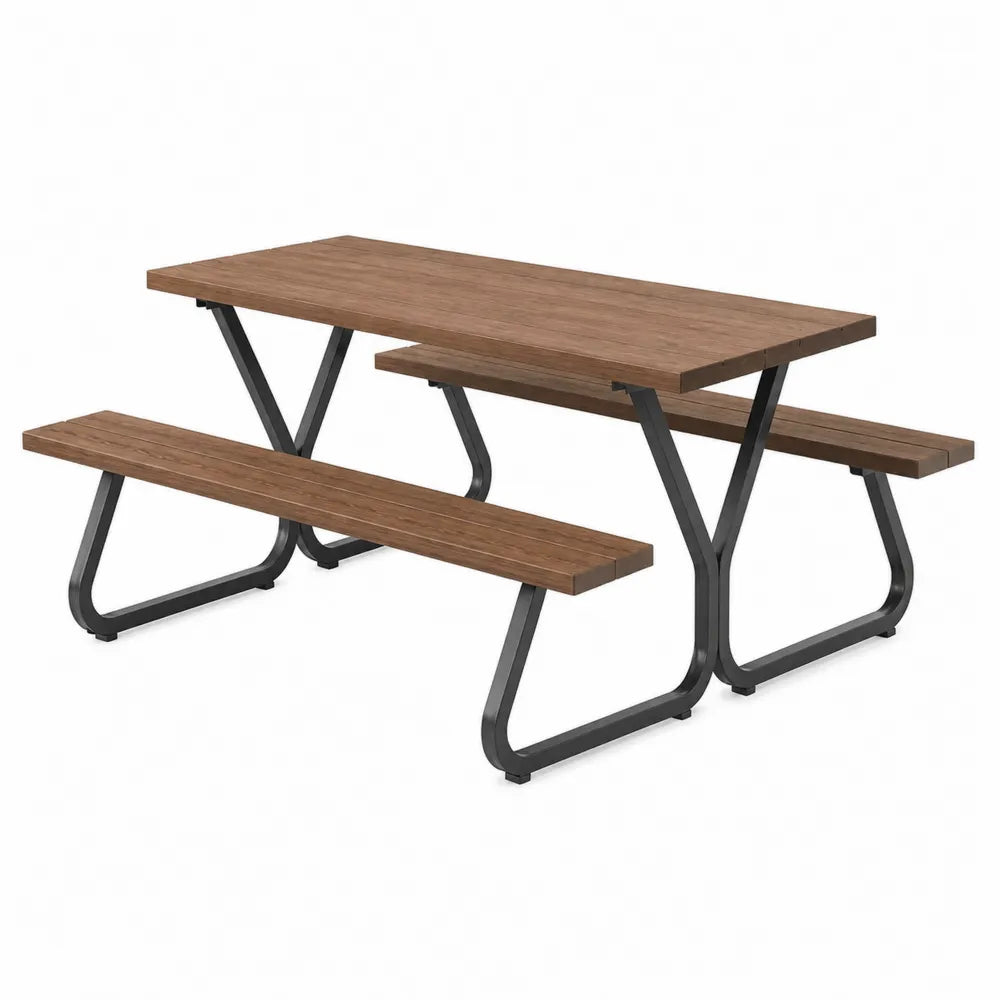 Rechteckiges Gartentisch-Set aus Holzoptik mit pulverbeschichtetem Metallrahmen