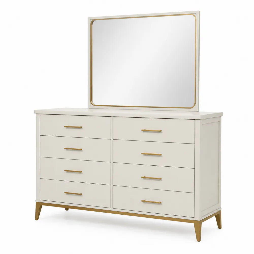 Kommode mit Spiegel aus MDF und Massivholz in Weiß und Gold